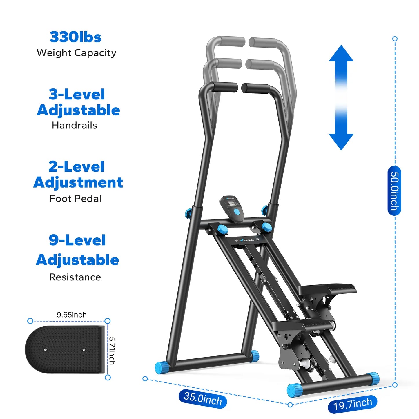 Merach Stair Stepper with Handlebar – 330 lbs capacity, adjustable pedals, compact vertical climber for full-body home/outdoor use.