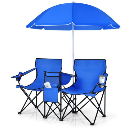 Double Camping Chairs with Umbrella & Cooler – Perfect for Football & Baseball Games