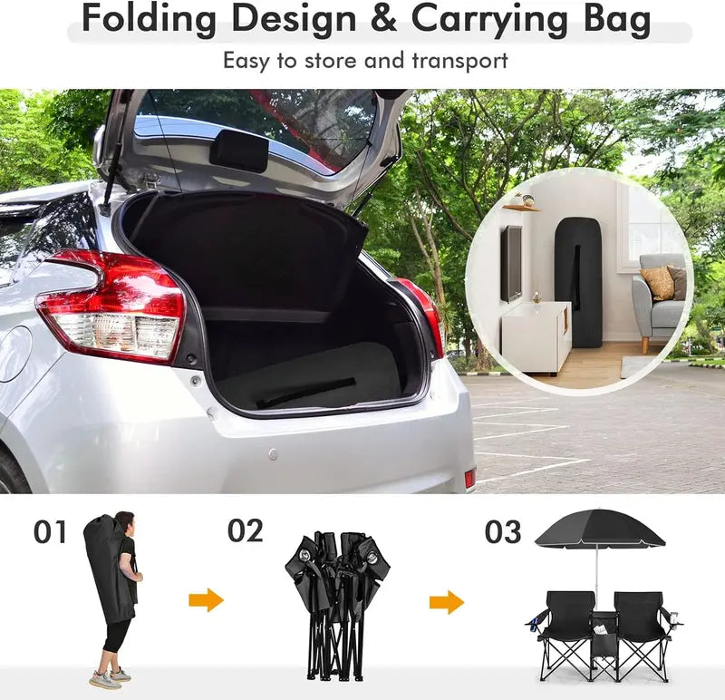 Double Camping Chairs with Umbrella & Cooler – Perfect for Football & Baseball Games