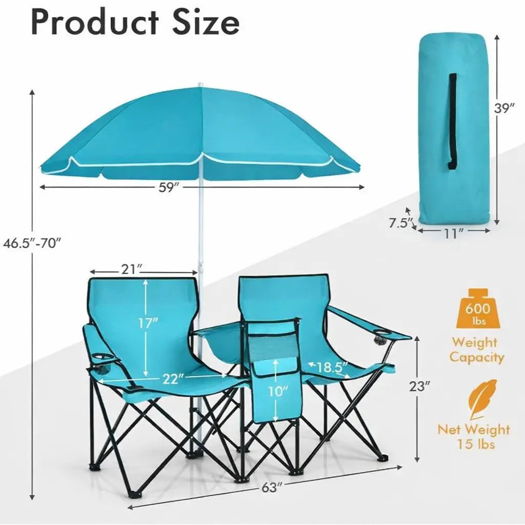 Double Camping Chairs with Umbrella & Cooler – Perfect for Football & Baseball Games