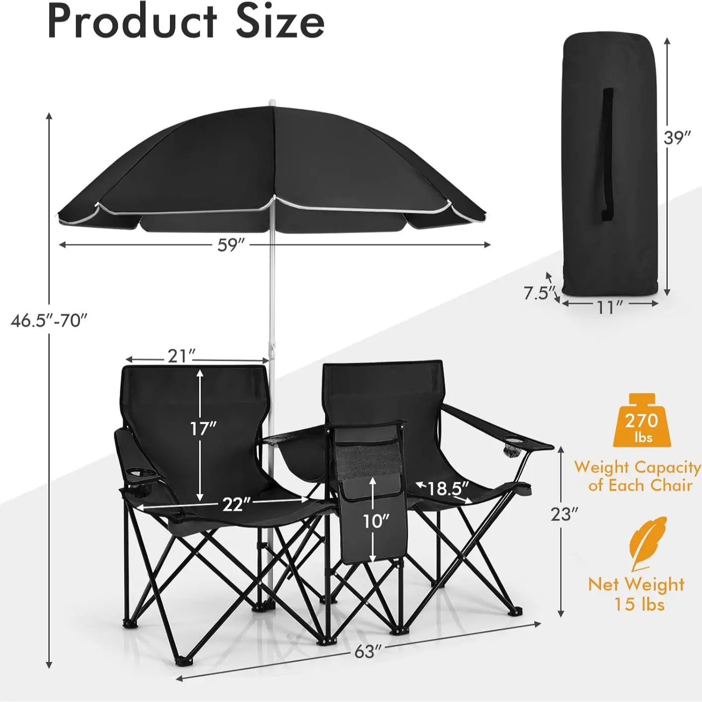 Double Camping Chairs with Umbrella & Cooler – Perfect for Football & Baseball Games