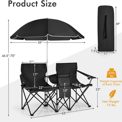 Double Camping Chairs with Umbrella & Cooler – Perfect for Football & Baseball Games