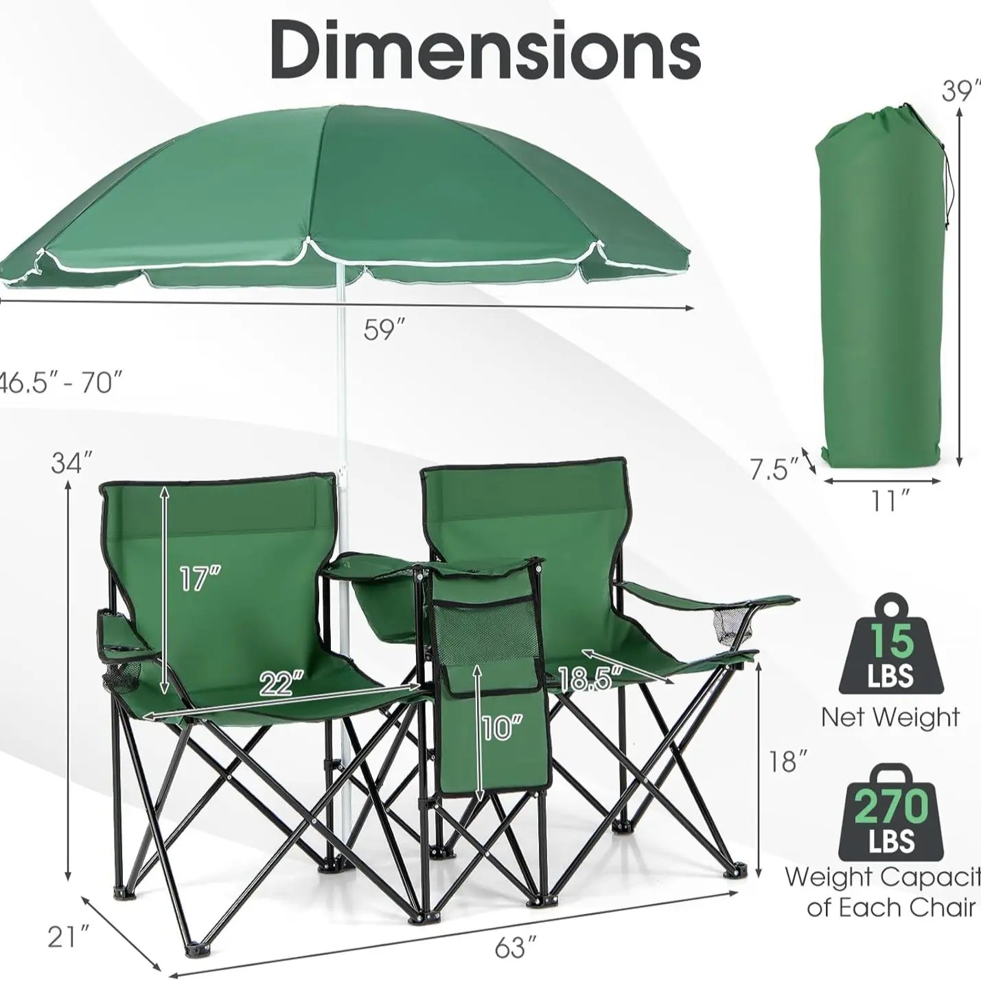 Double Camping Chairs with Umbrella & Cooler – Perfect for Football & Baseball Games