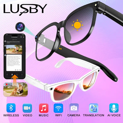 LUSBY Smart AI Camera Glasses, 8MP Video Recording, 160+ Languages Real-Time Translation, Bluetooth Audio Sunglasses
